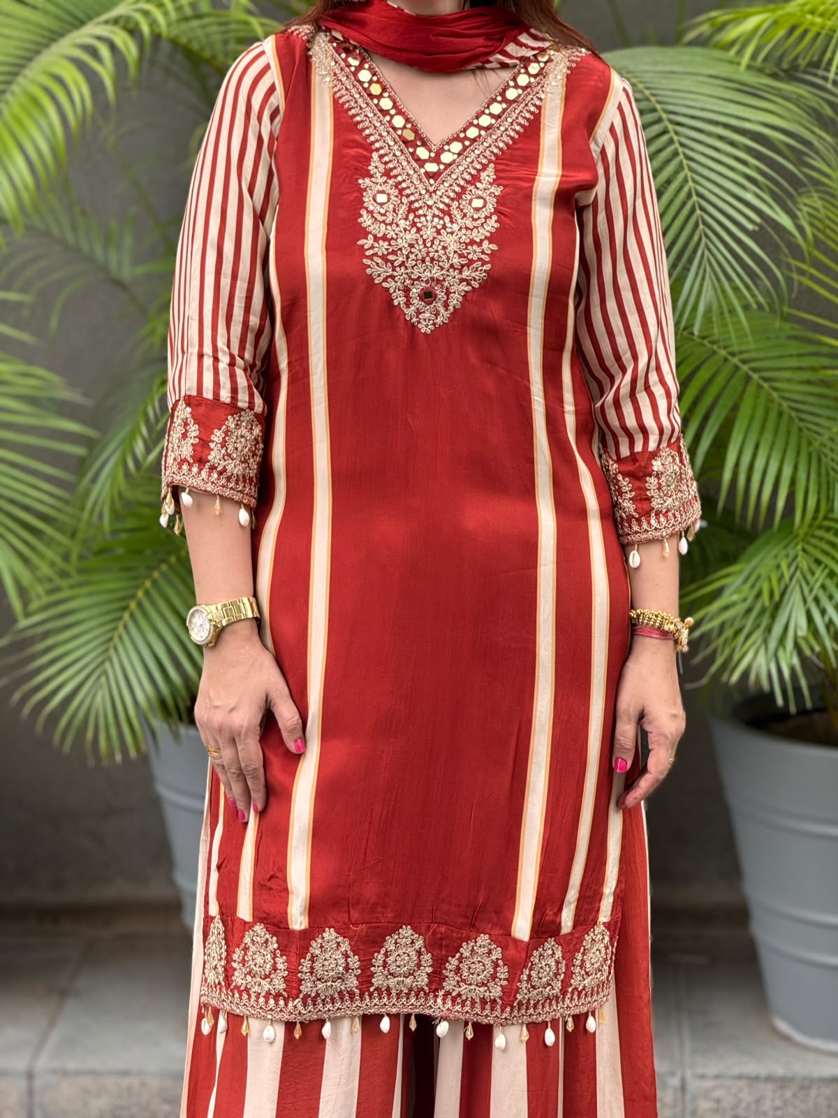 Scarlet Red and Ivory Striped Embroidered Festive Suit Set