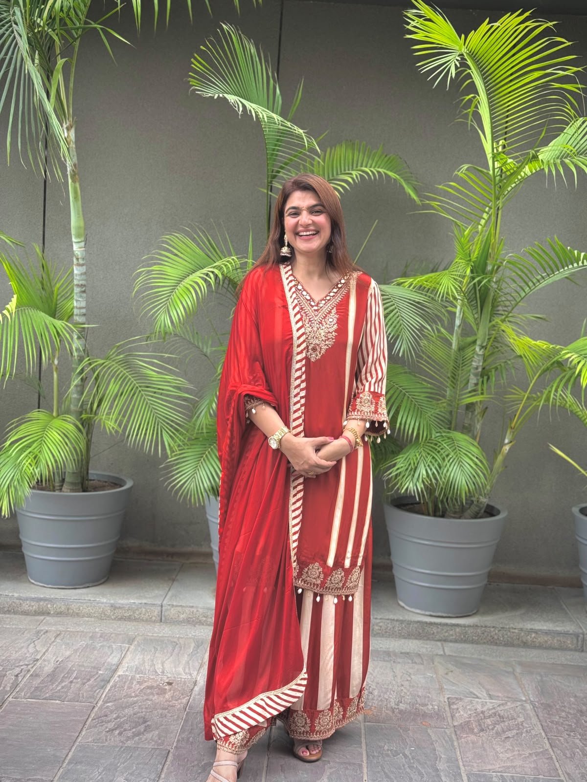 Scarlet Red and Ivory Striped Embroidered Festive Suit Set
