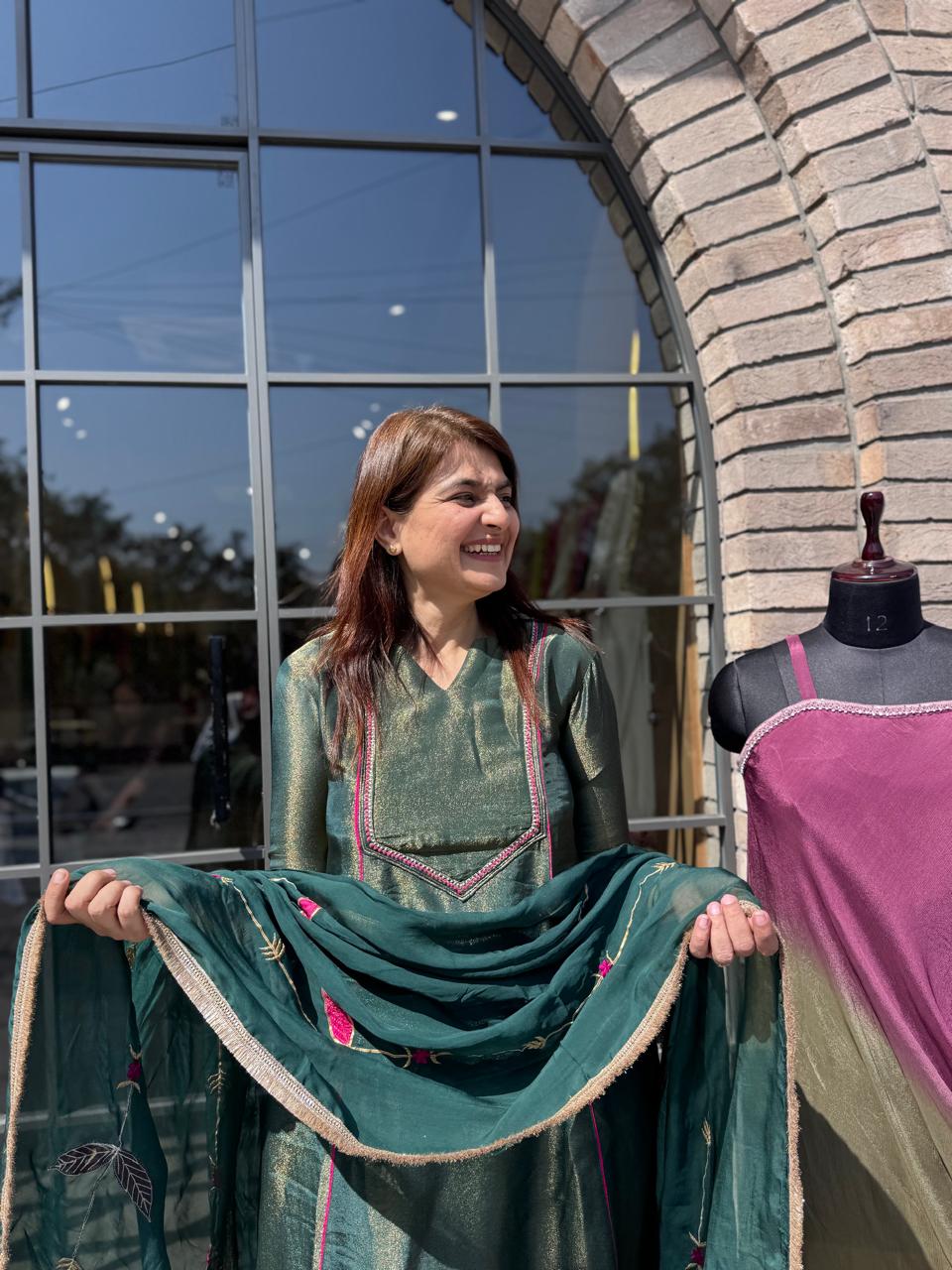 Green Kanjivaram Shimmer Tissue Kurta With Designer Dupatta