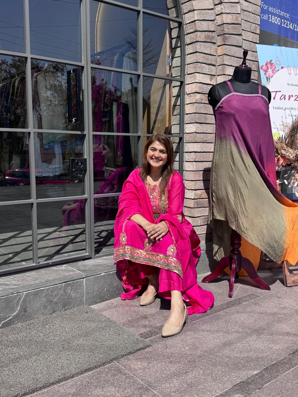 Rani Pink Hand Embroidered Straight Kurti Set