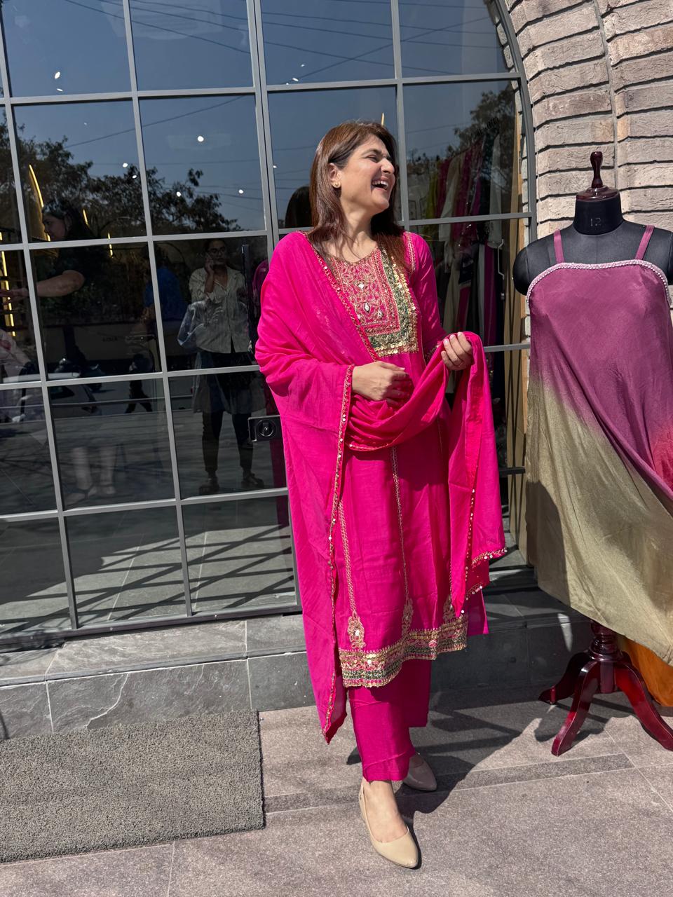 Rani Pink Hand Embroidered Straight Kurti Set
