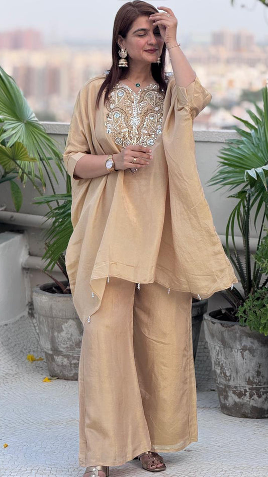Beige Embroidered Kaftan with plazo