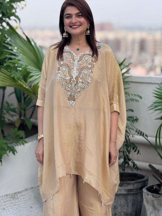 Beige Embroidered Kaftan with plazo