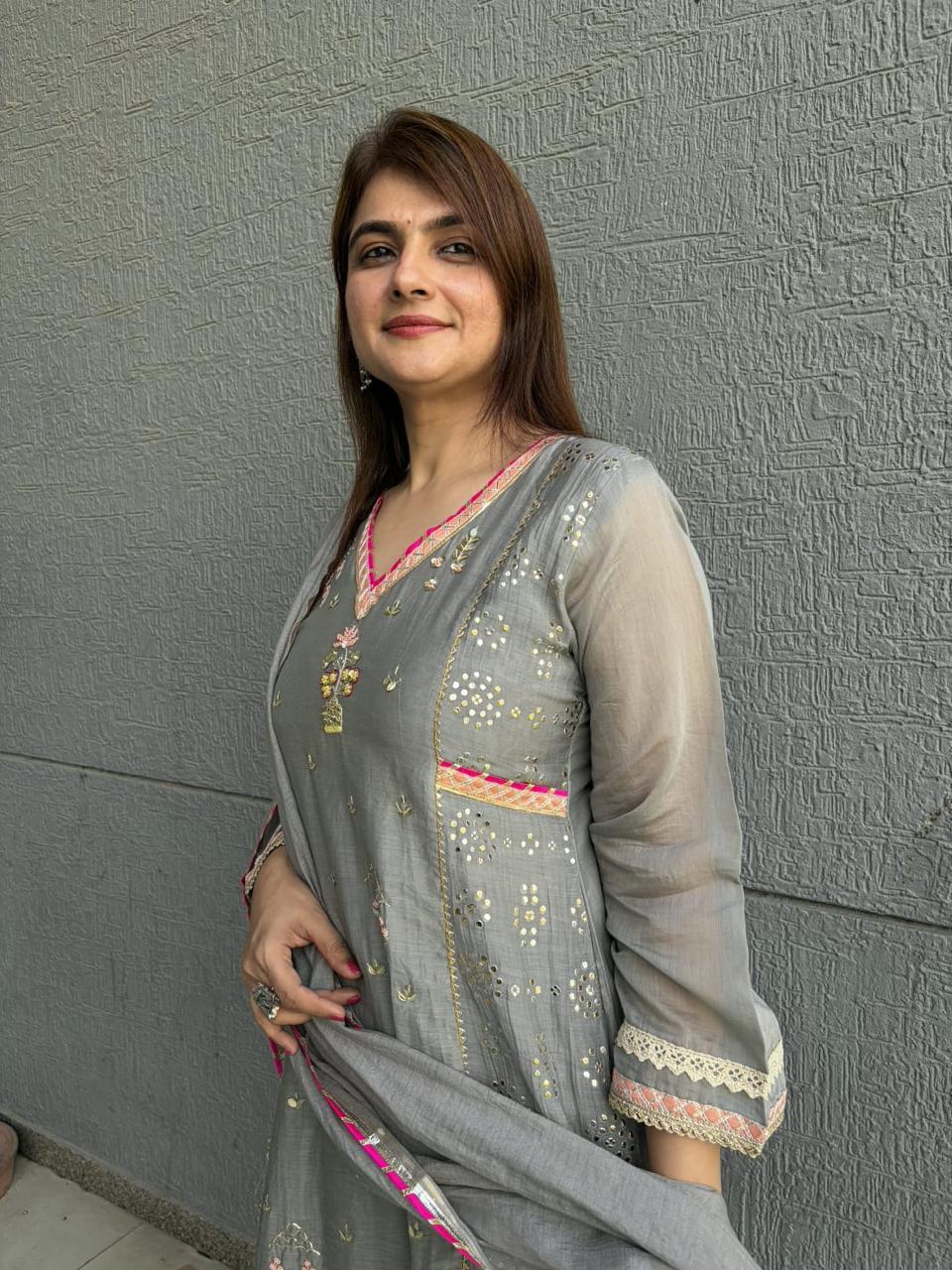 Grey Mulchanderi Suit Set