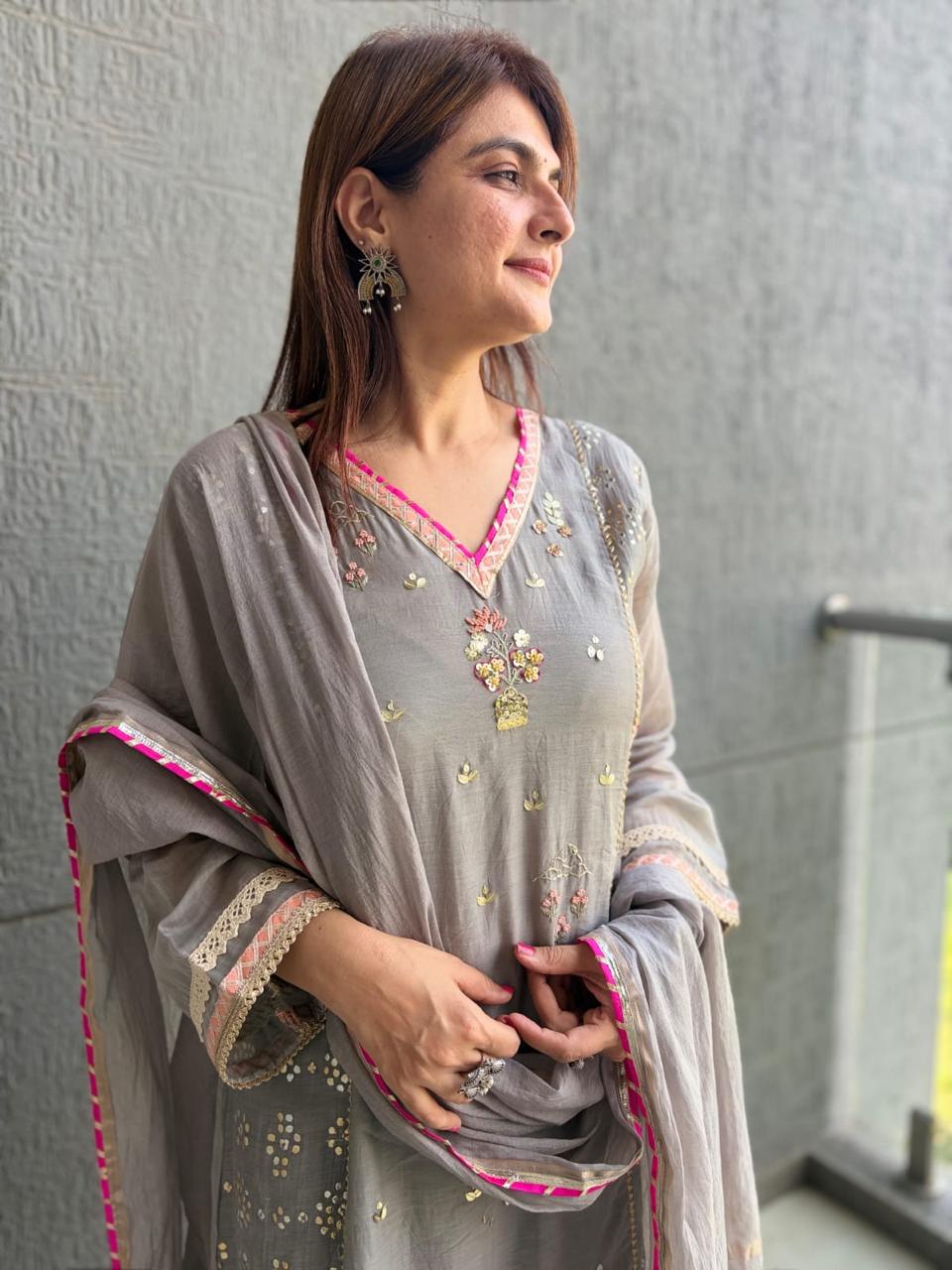 Grey Mulchanderi Suit Set