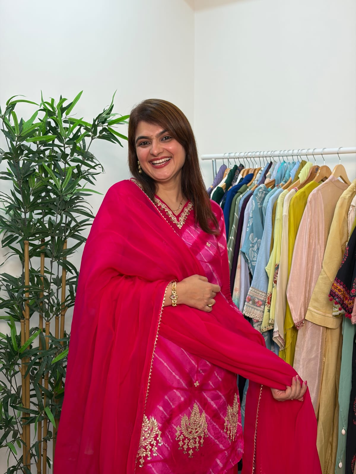 Rani Pink HO Silk Leheriya Embroidered Kurti Palazzo Set
