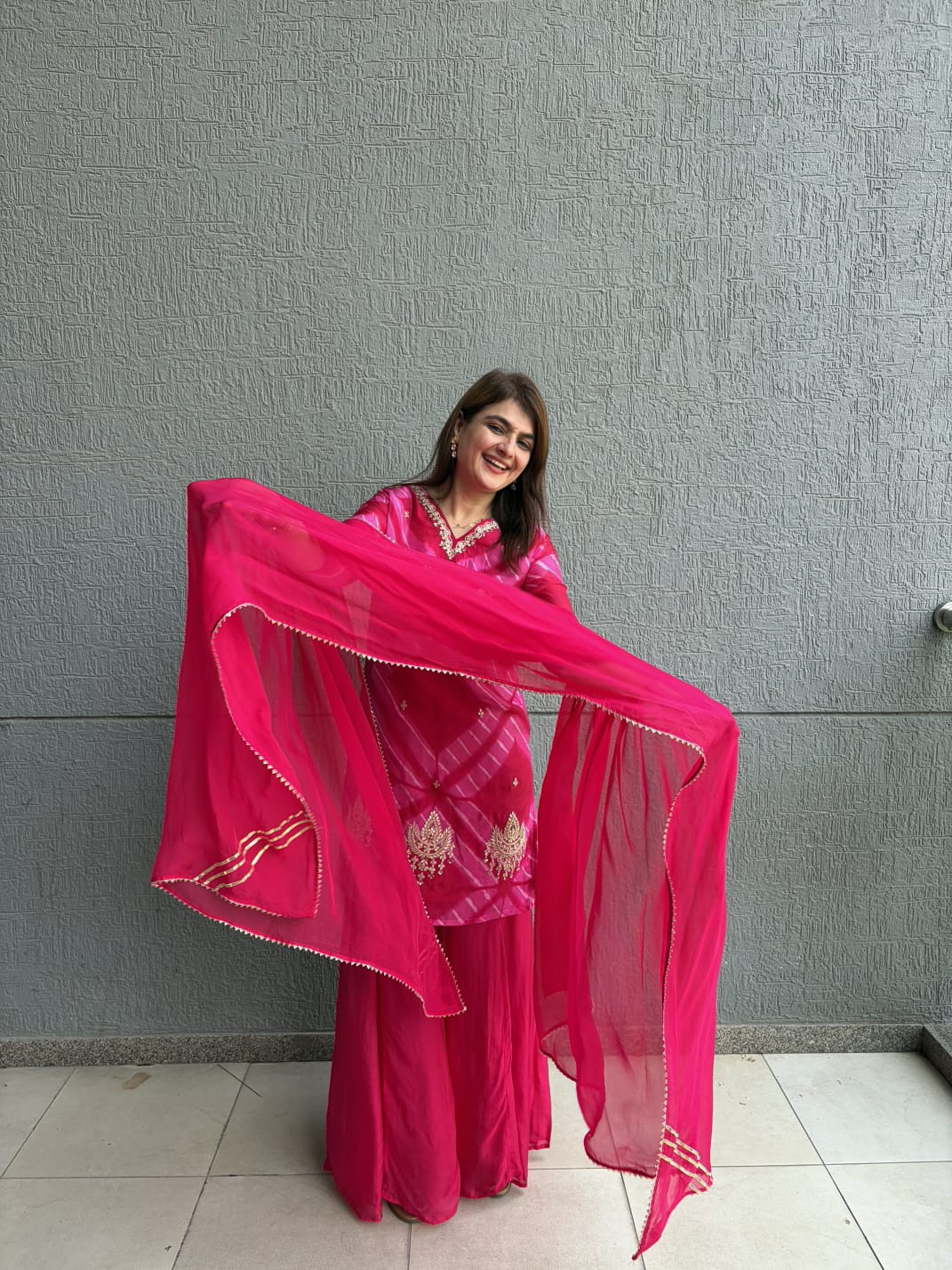 Rani Pink HO Silk Leheriya Embroidered Kurti Palazzo Set