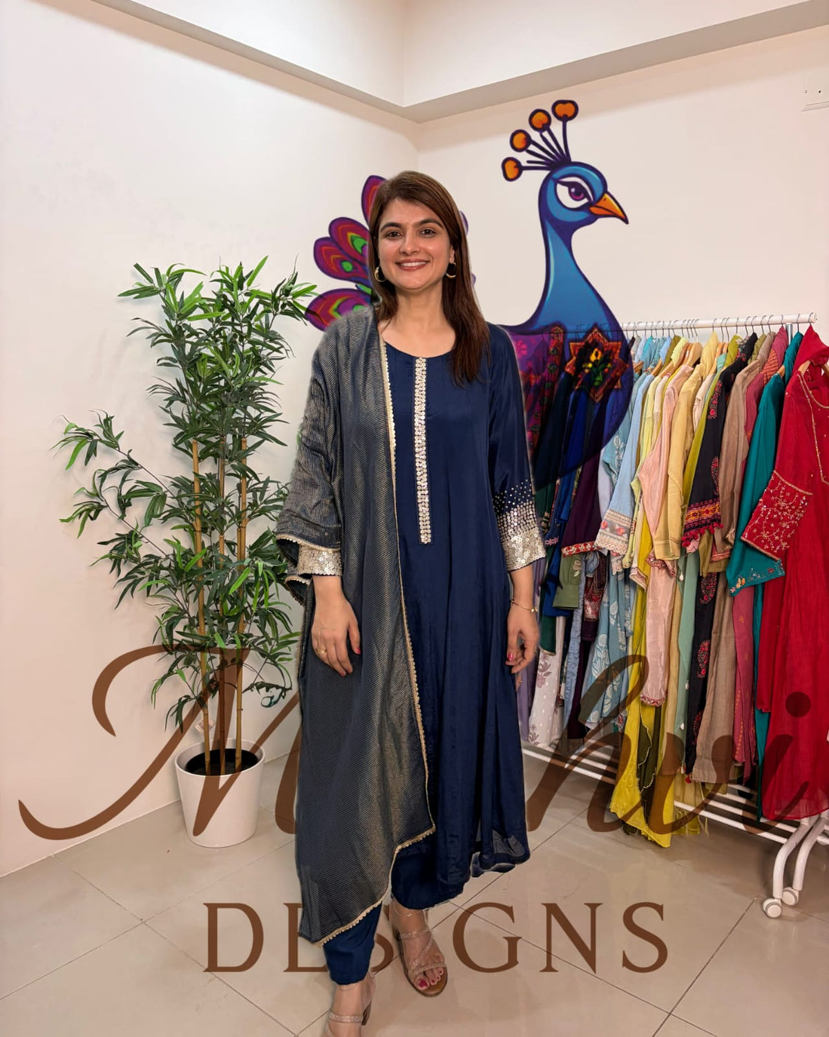 Midnight Navy Blue Embellished Suit Set with Dupatta