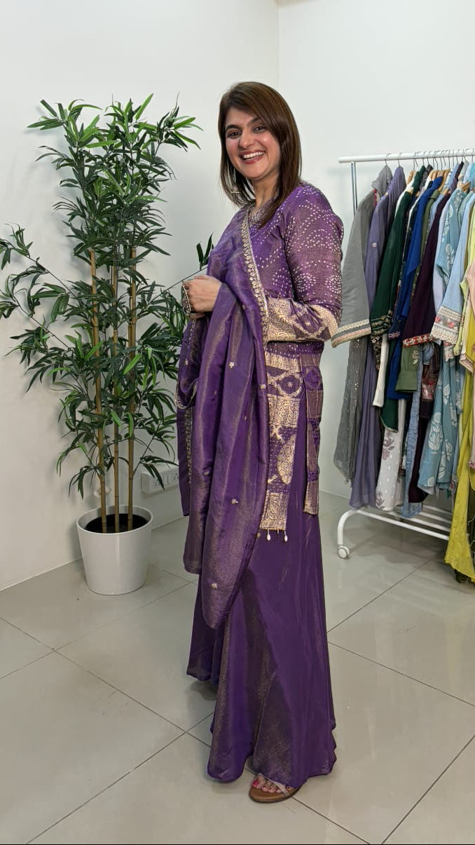 Royal Purple Embroidered Festive Kurta Palazzo Set with Dupatta