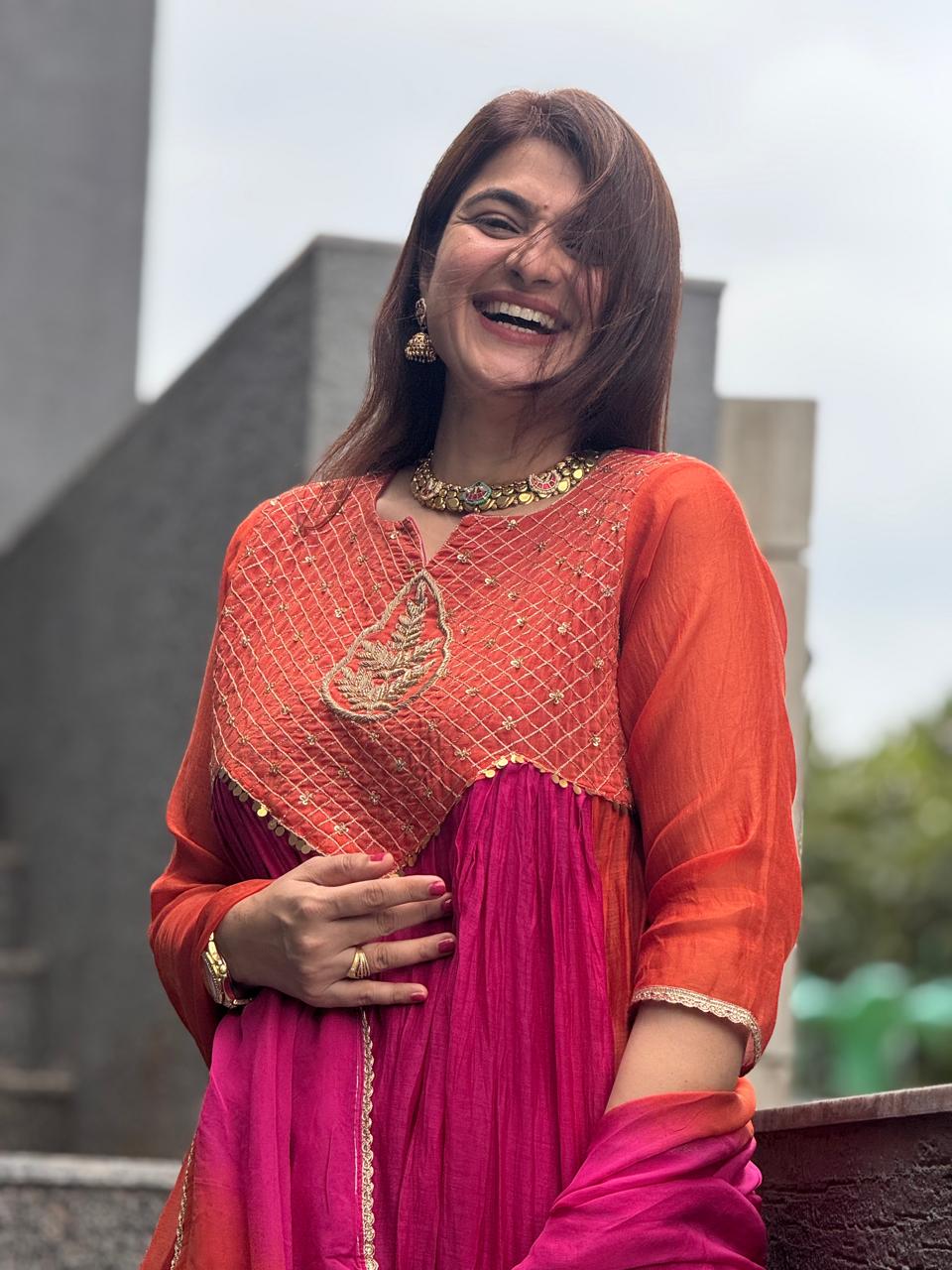 Rani Pink & Orange Mul Chanderi Handwork Suit Set
