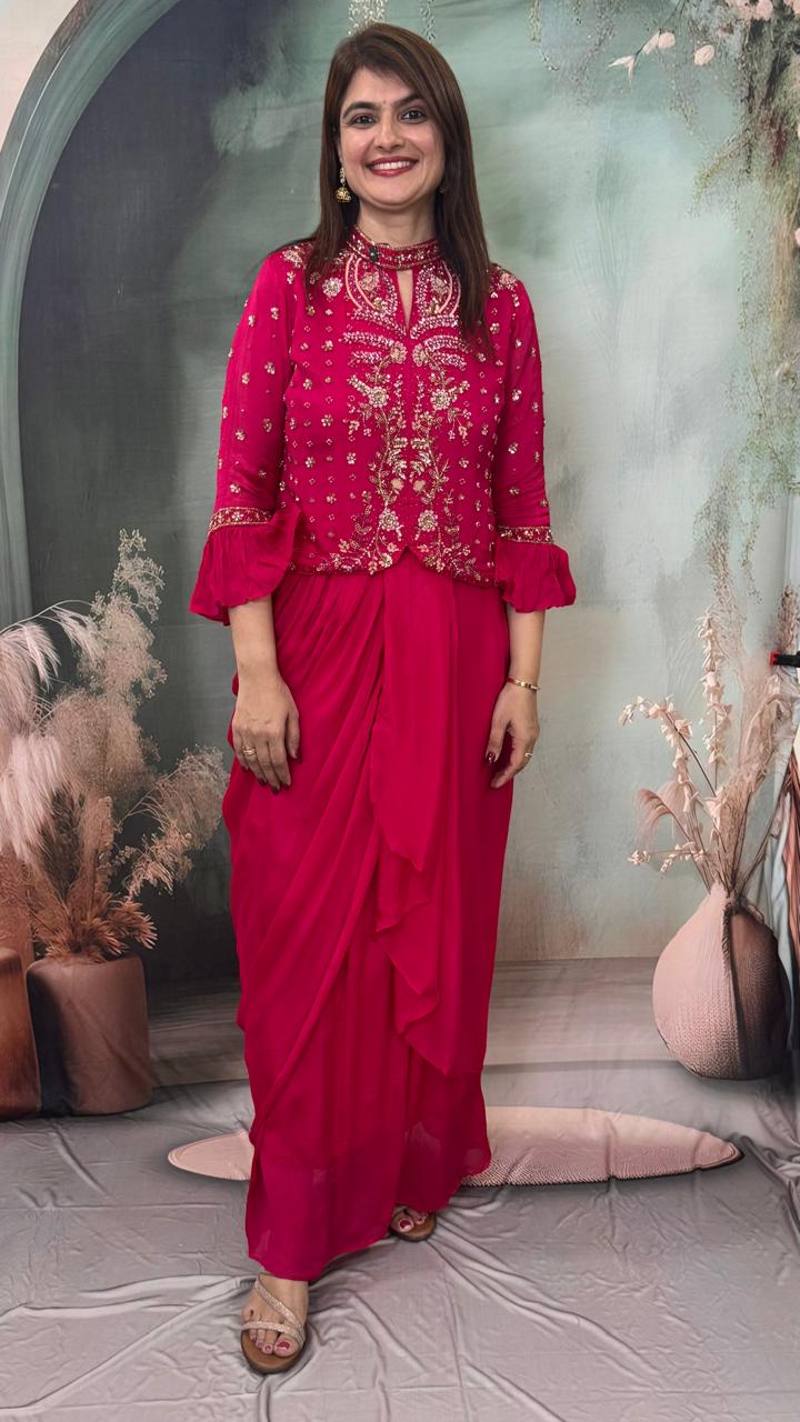 Rani Pink Pure Chinon Indo-Western Set