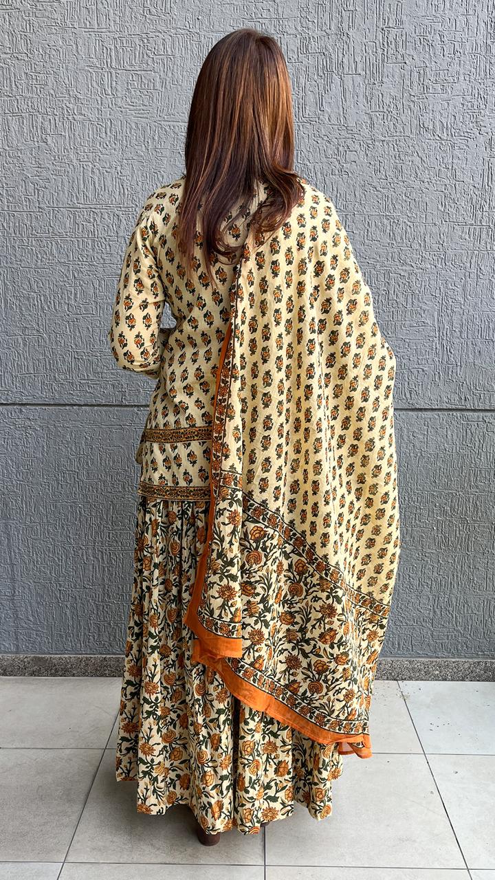 Cream Floral Printed Cotton Skirt Set